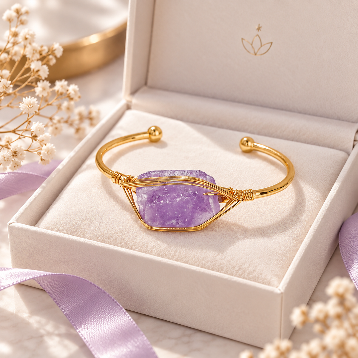 Women’s gold cuff bangle featuring a raw purple amethyst stone wrapped in delicate gold wire on a 304 stainless steel bracelet.