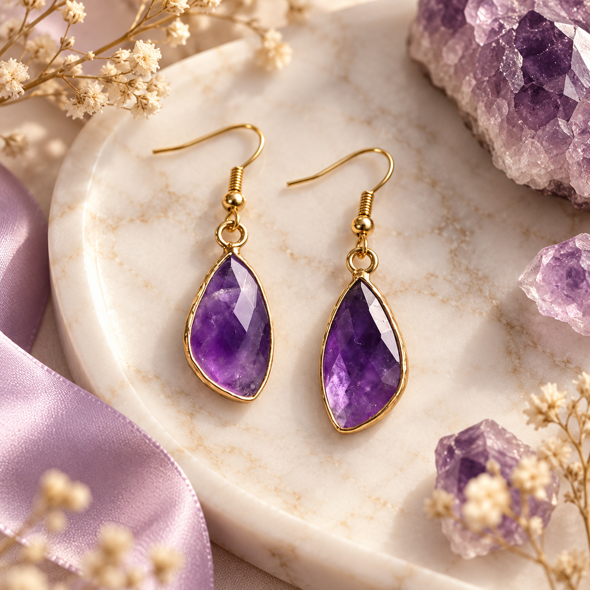 Amethyst Drop Earrings – Purple Natural Stone Earrings with Copper Hooks