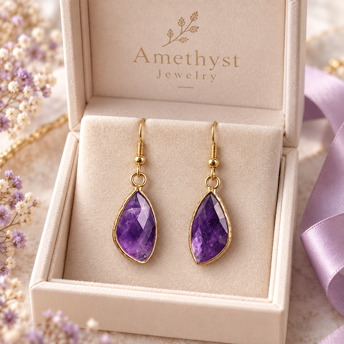Amethyst Drop Earrings – Purple Natural Stone Earrings with Copper Hooks
