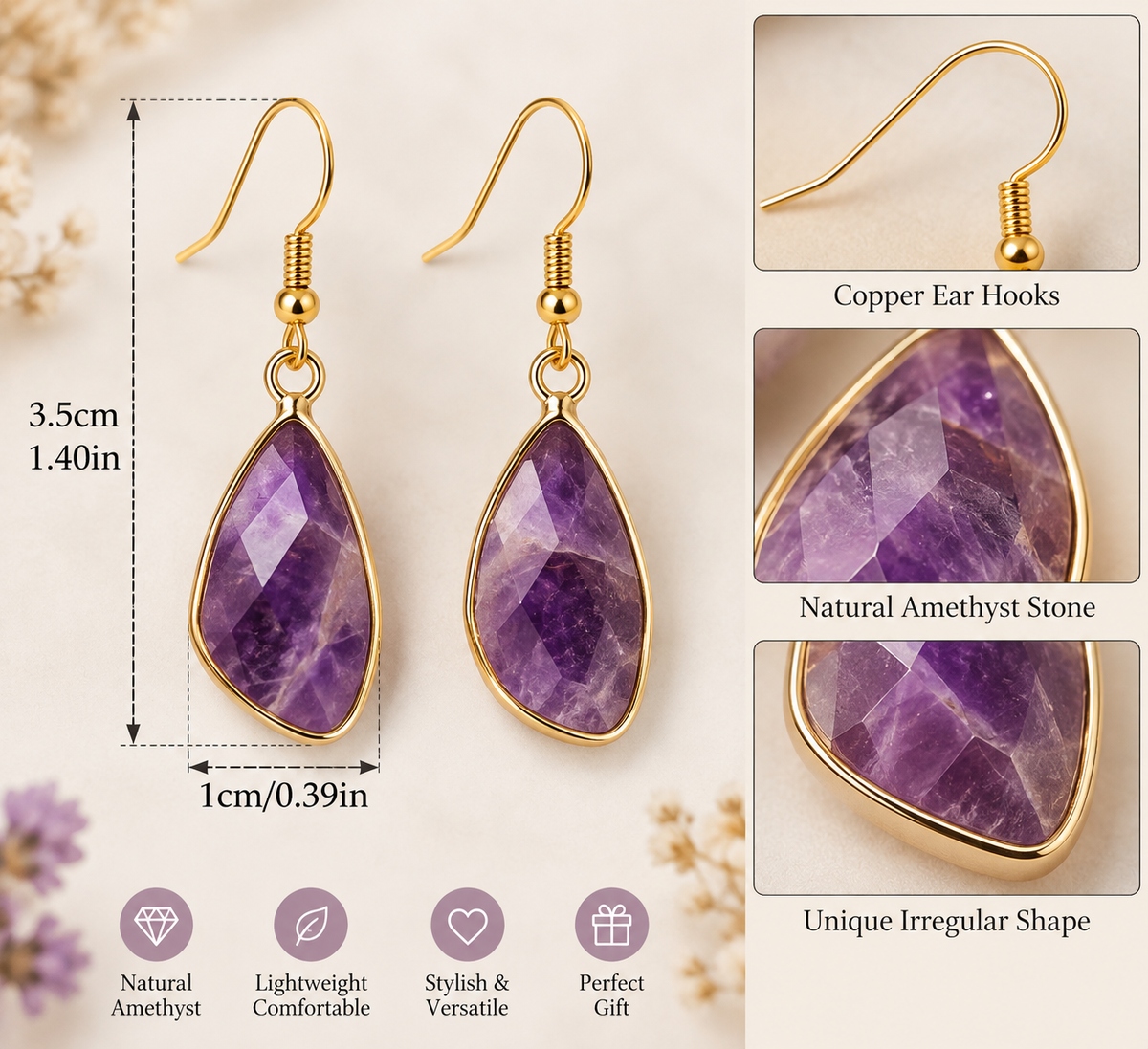 Amethyst Drop Earrings – Purple Natural Stone Earrings with Copper Hooks