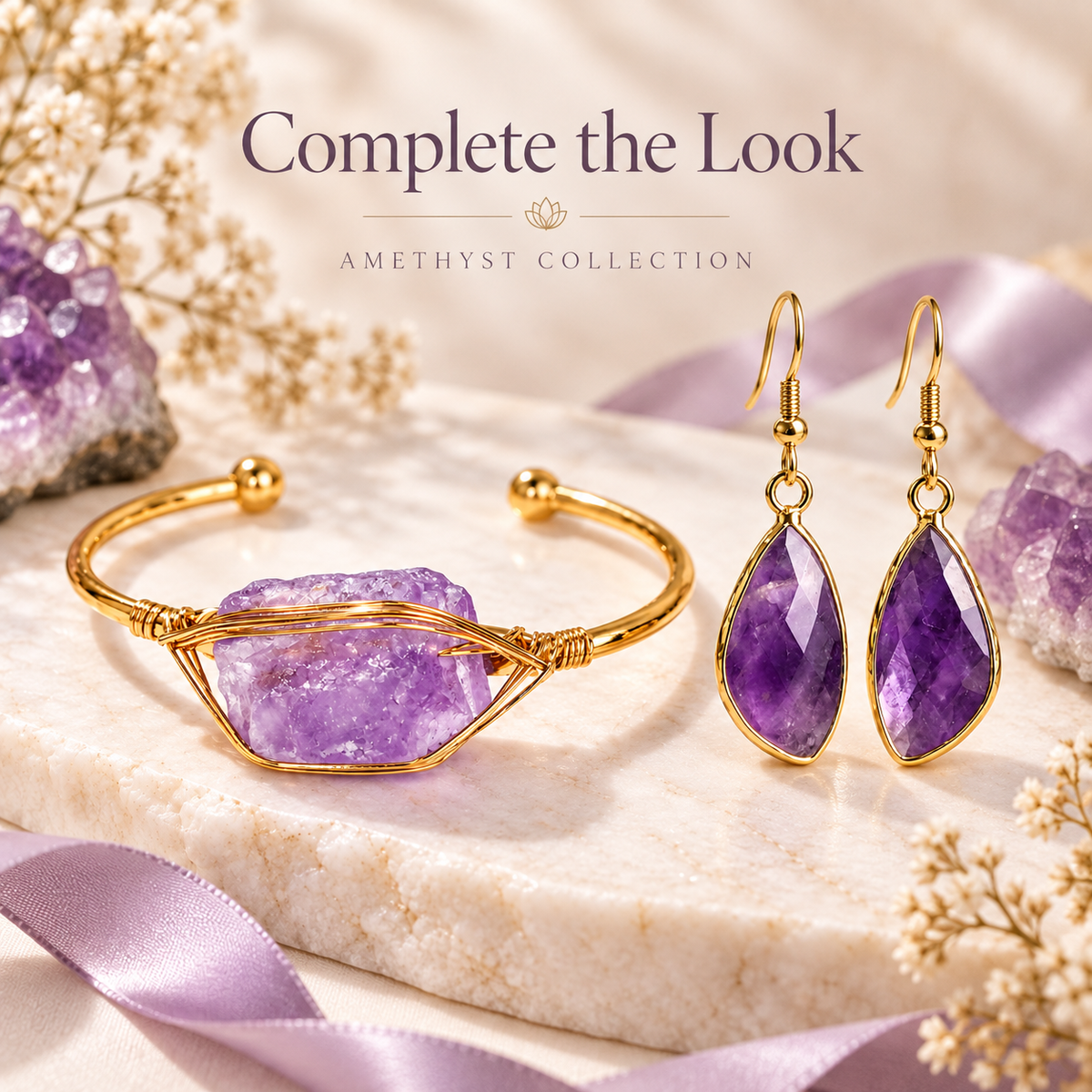 Natural Amethyst Gold Cuff Bracelet