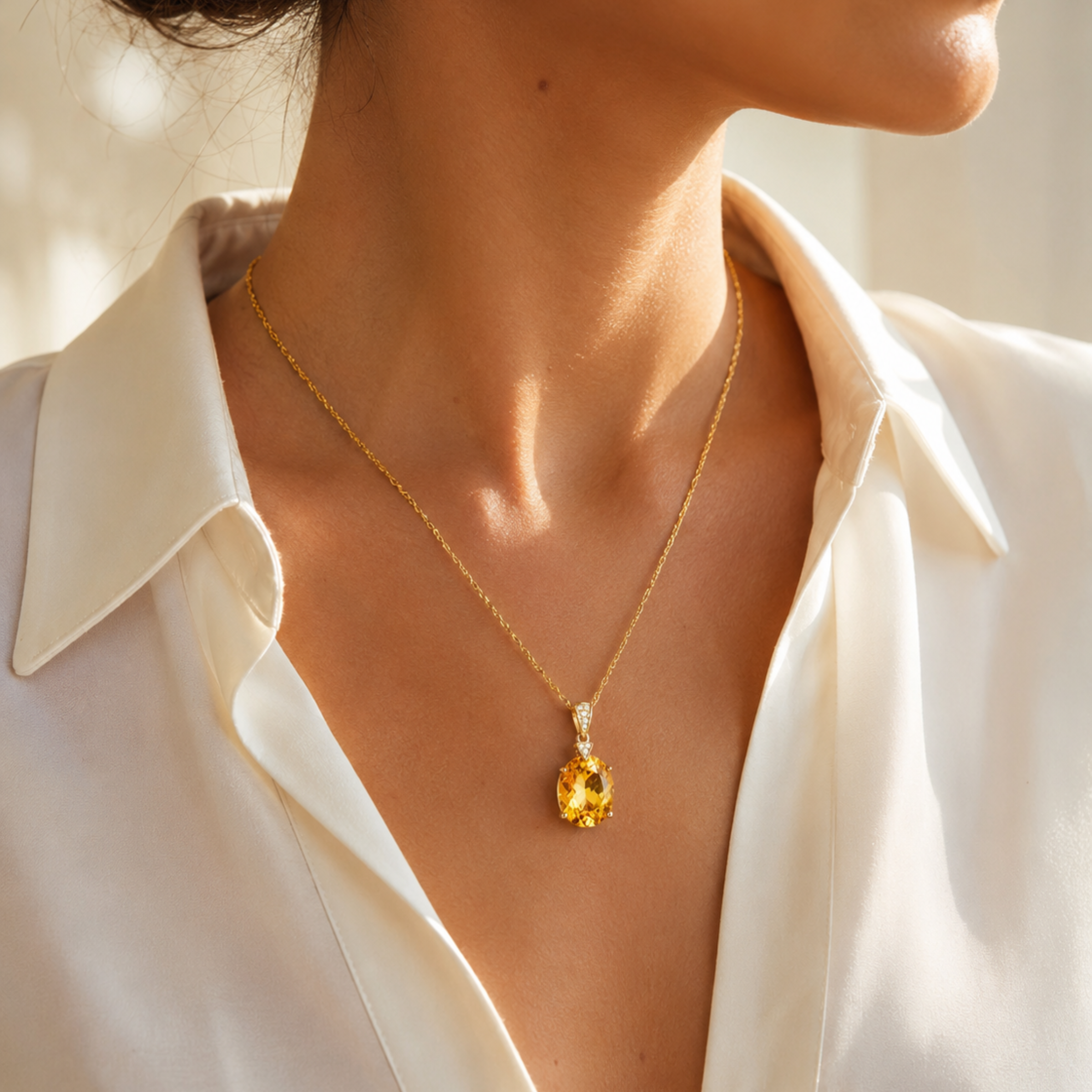 Oval Citrine and Stainless Steel Necklace