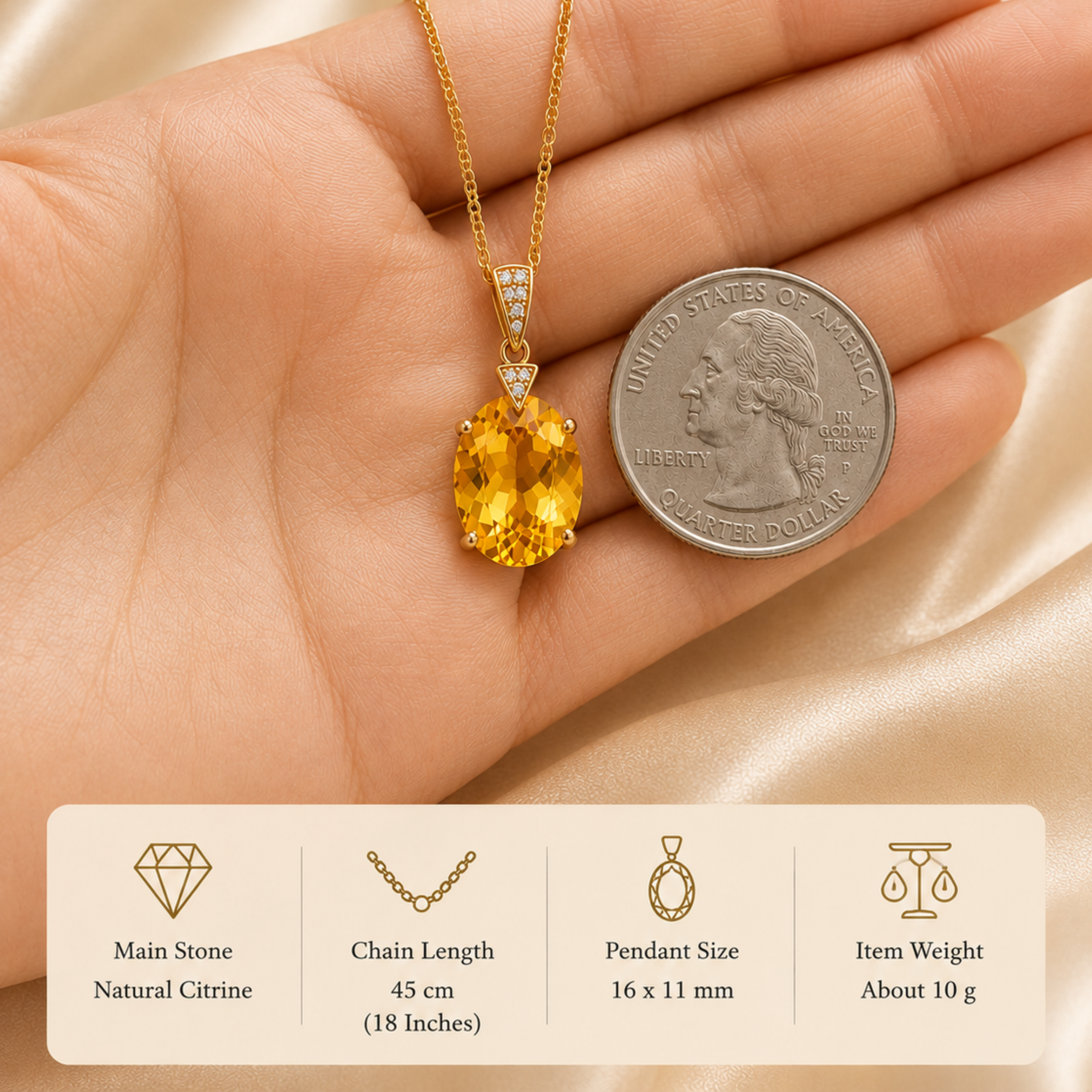 Oval Citrine and Stainless Steel Necklace